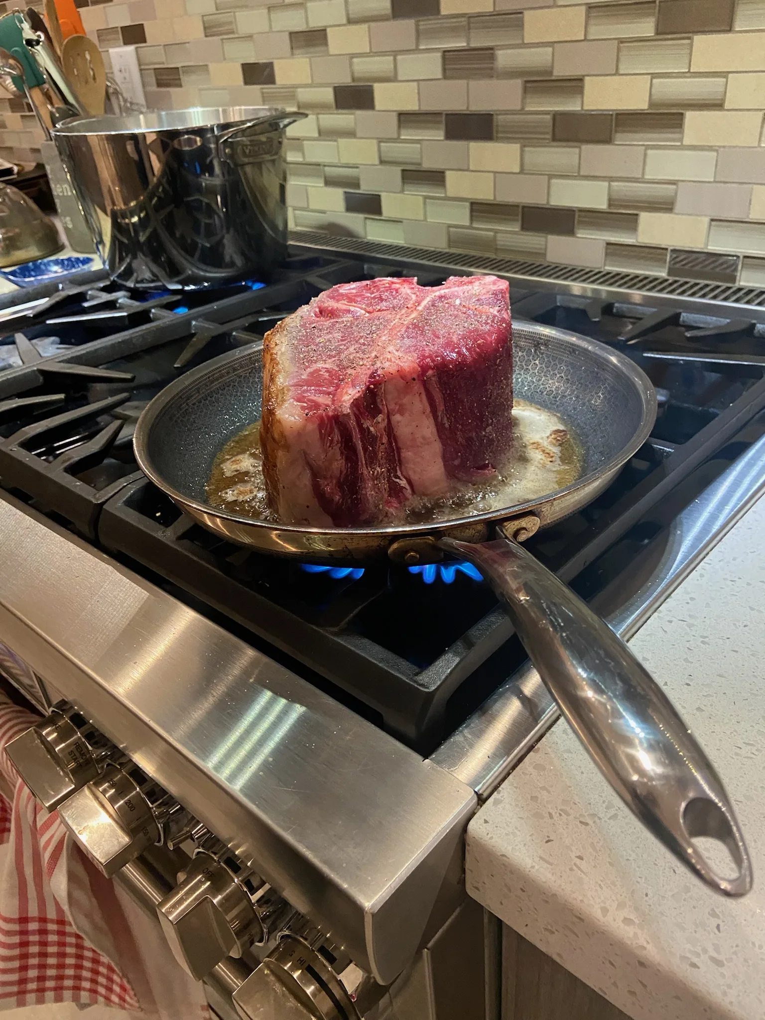 Wagyu steak seared over open flame in Napa Valley private kitchen
